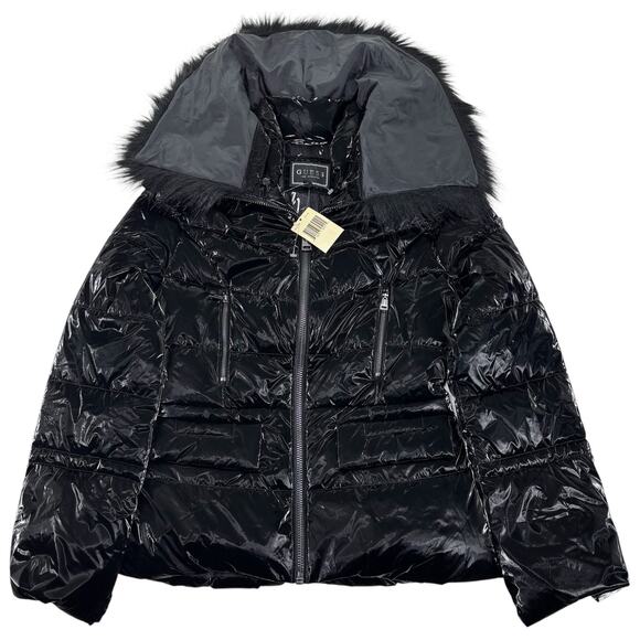 NWT GUESS Black Puffer Jacket Faux Fur Collar Shiny Stretch Womens Small Quilted - Picture 1 of 6